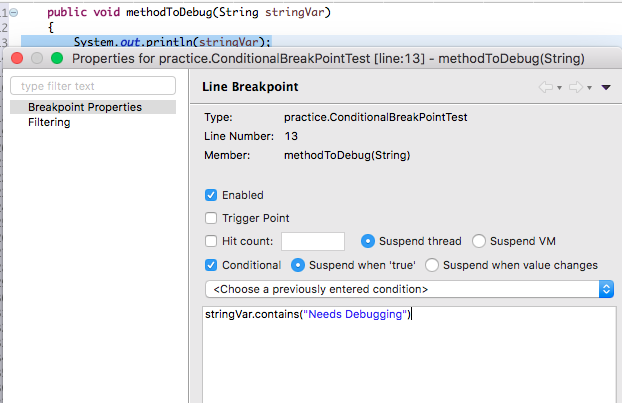 Conditional Breakpoint settings
